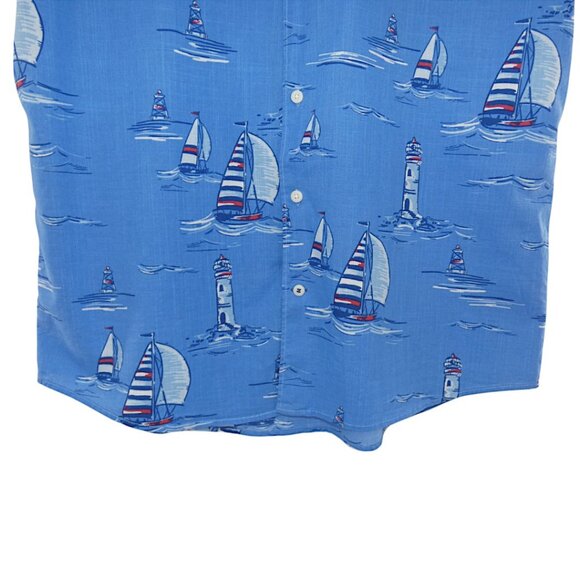 Izod Saltwater Cotton Blue Nautical Short Sleeve Button Up Casual Shirt Sz L - Picture 3 of 7
